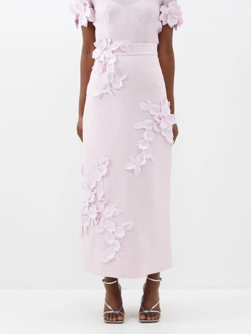 High Tide Flower-appliqué Linen Midi Skirt - Womens - Lilac