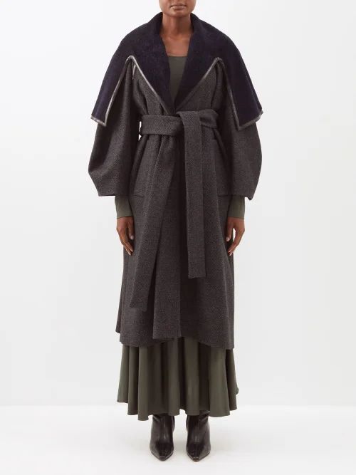Shearling-cape Herringbone Wool-blend Tweed Coat - Womens - Black