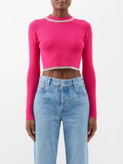 Crystal-embellished Ribbed-knit Cropped Top - Womens - Mid Pink