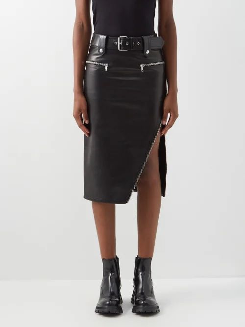 Belted Zipped Side Slit Leather Midi Skirt - Womens - Black