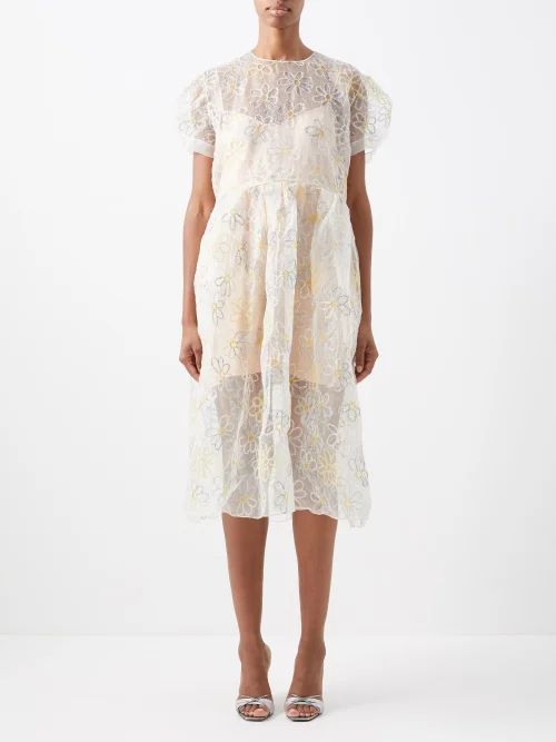 Daisy-cutout Silk-organza Smock Dress - Womens - White Multi
