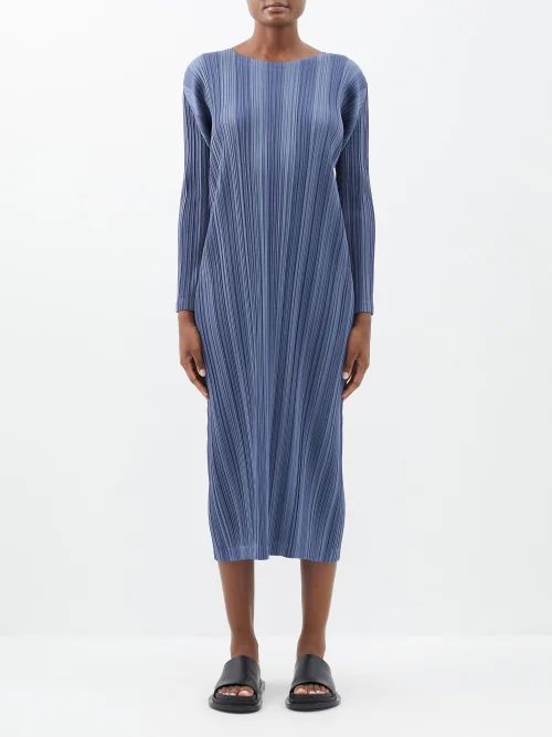 Striped Technical-pleated Midi Dress - Womens - Light Blue