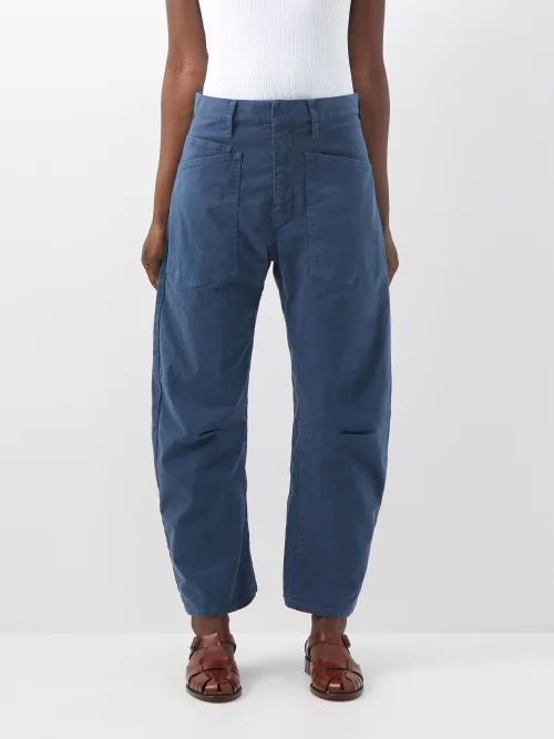 Shon High-rise Cropped Cotton-twill Trousers - Womens - Dark Blue