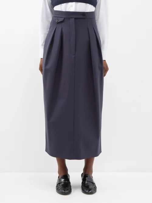 Michelet Pleated Wool Midi Skirt - Womens - Navy