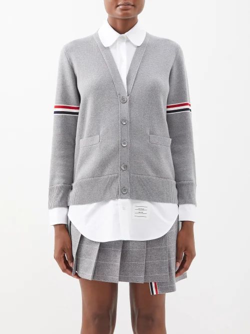 Tricolour-stripe Cotton Cardigan Shirt - Womens - Grey