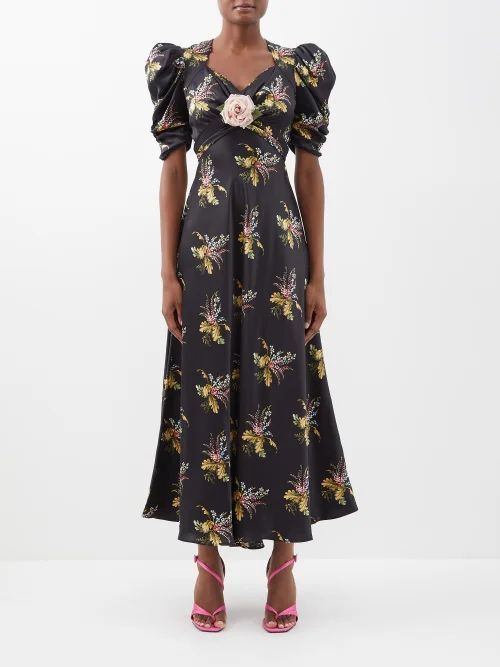 Flower-brooch Puff-sleeve Silk Maxi Dress - Womens - Black