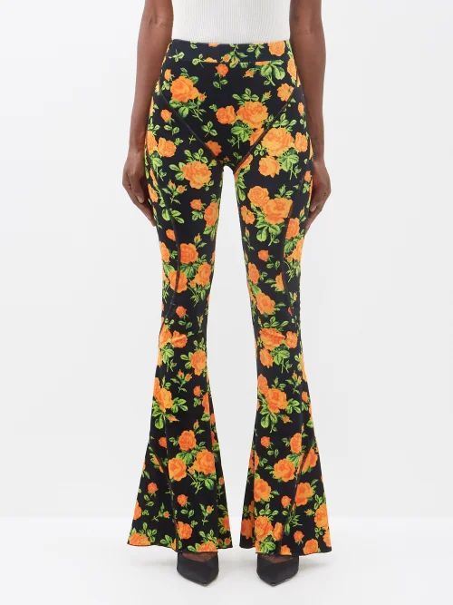 Floral-print Stretch-velour Flared Leggings - Womens - Orange Black