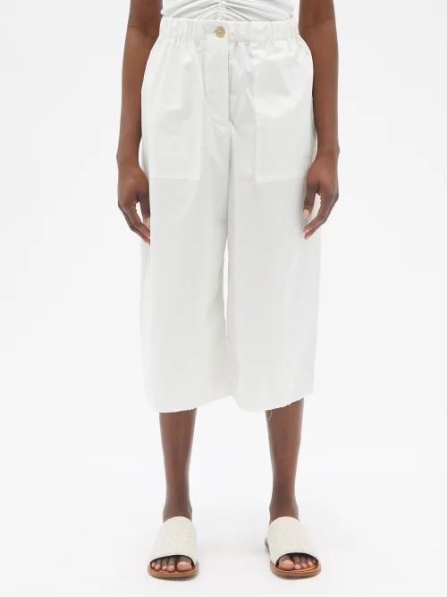 Raw-hem Wide-leg Cotton-poplin Cropped Trousers - Womens - White