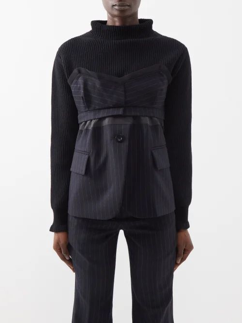 Roll-neck Ribbed And Pinstriped Wool Sweater - Womens - Black Navy