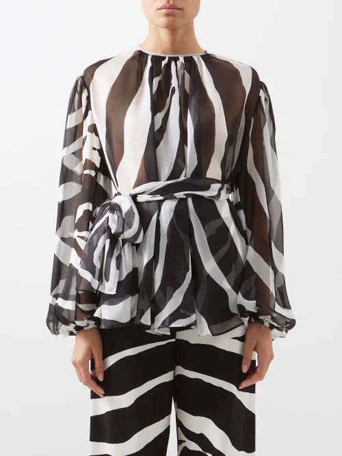 Sashed Zebra-print Silk-chiffon Blouse - Womens - Black White