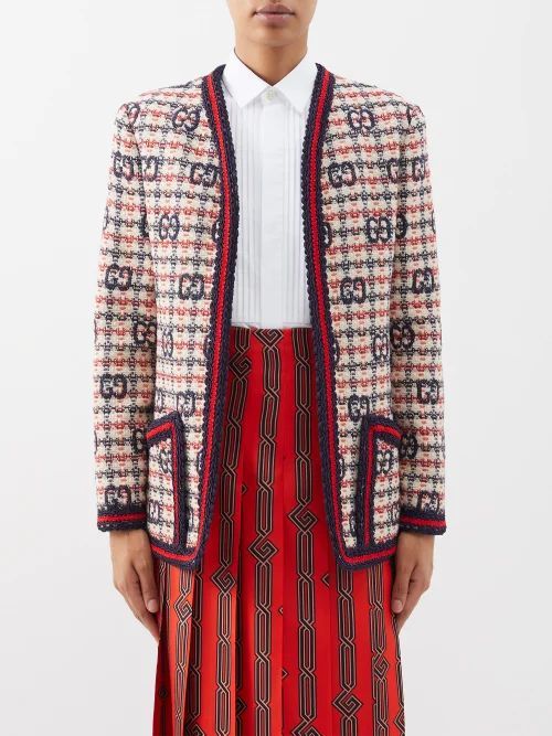 GG-check Wool-blend Tweed Jacket - Womens - Red Cream