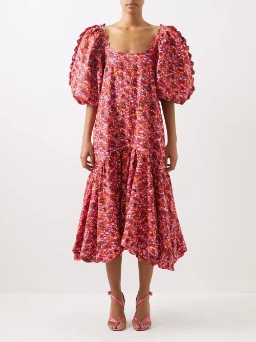 Maya Puff-sleeve Floral-print Cotton-blend Dress - Womens - Pink Print