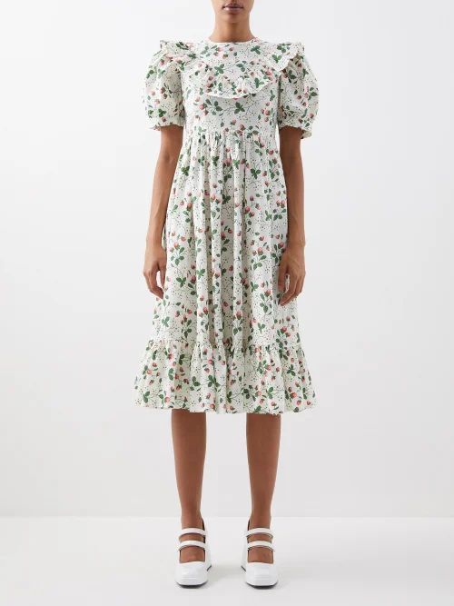 X Laura Ashley May Strawberry-print Cotton Dress - Womens - White Multi