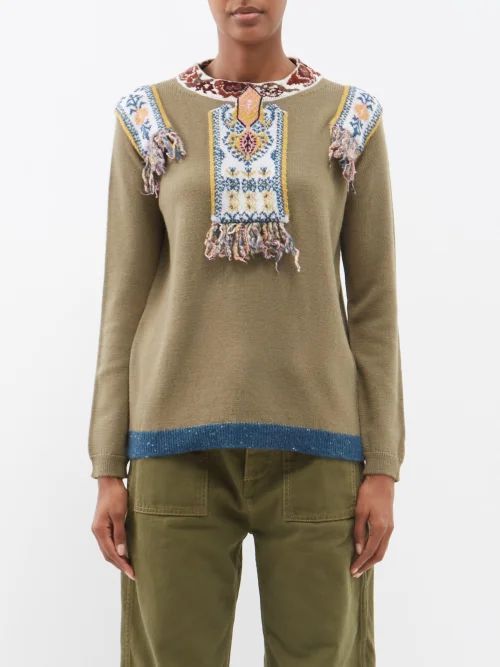 Camille Embroidered Wool Sweater - Womens - Khaki