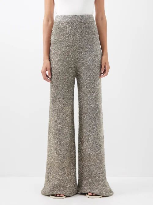 High-rise Metallic-knit Trousers - Womens - Silver