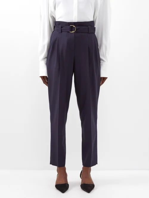 Paperbag-waist Pleated Wool Trousers - Womens - Navy