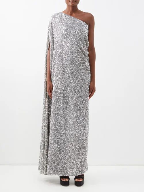 One-shoulder Sequined Georgette Gown - Womens - Silver