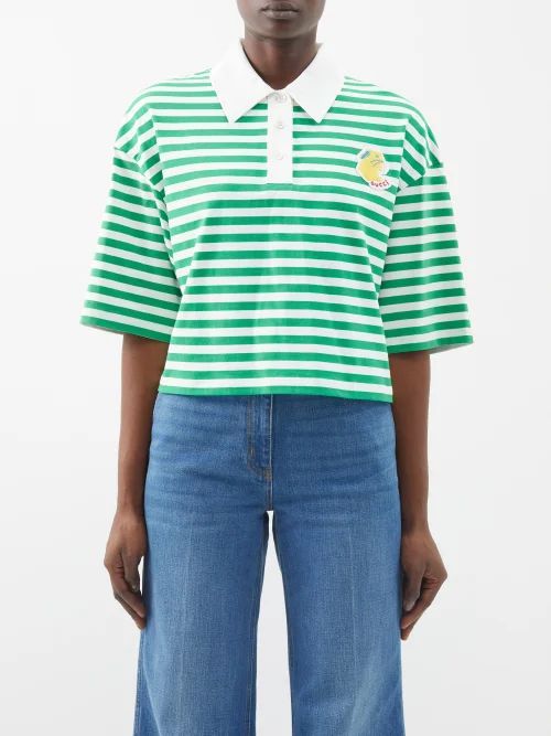 Bunny-appliqué Striped Cotton Polo Shirt - Womens - Green White