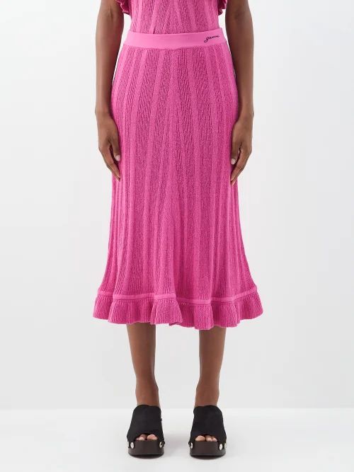 Logo-embroidered Ribbed Midi Skirt - Womens - Mid Pink