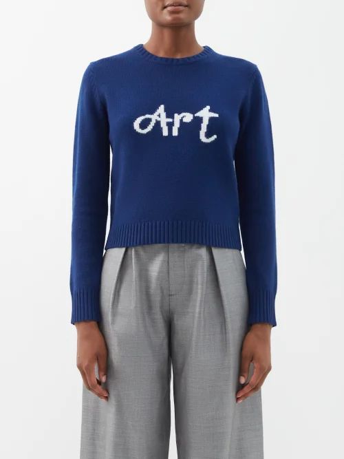 Cropped Art-intarsia Merino-blend Sweater - Womens - Navy