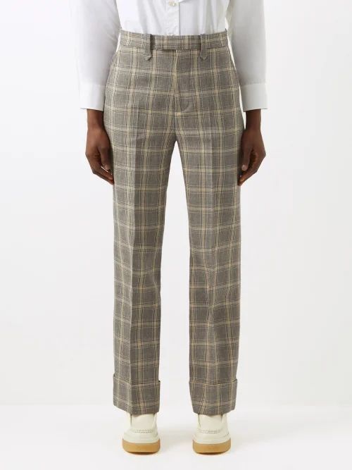 Checked Linen-blend Twill Tailored Trousers - Womens - Grey Multi