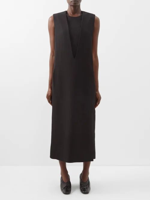 V-neck Overlay Side Slit Midi Dress - Womens - Black