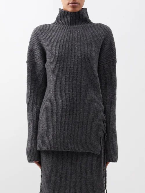 Oluchi Side-tie Ribbed Merino-blend Sweater - Womens - Dark Grey