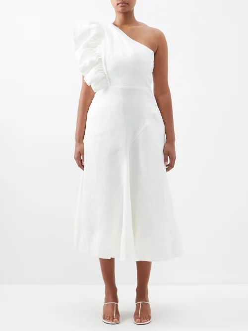 Bonjour Asymmetric Ruffled Linen-blend Dress - Womens - Ivory