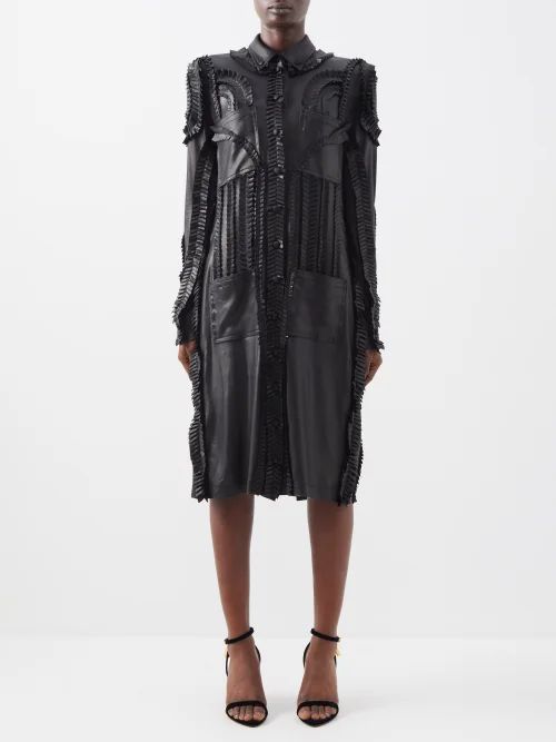 Pleated-appliqué Satin Shirt Dress - Womens - Black