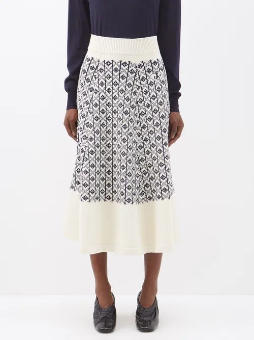 A-line Jacquard-knit Merino Midi Skirt - Womens - Navy Multi
