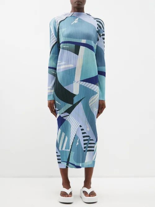 Abstract-print Technical-pleated Midi Dress - Womens - Light Blue