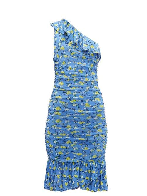 Aerin Ruched Floral-print Mesh Dress - Womens - Blue Multi