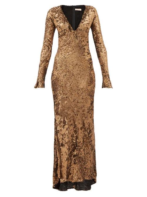 Ailish Plunge-neckline Sequinned Maxi Dress - Womens - Bronze