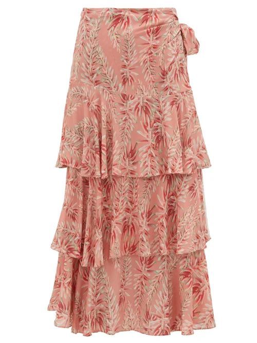 Adriana Degreas - Aloe-print High-rise Tiered Poplin Wrap Skirt - Womens - Pink Print