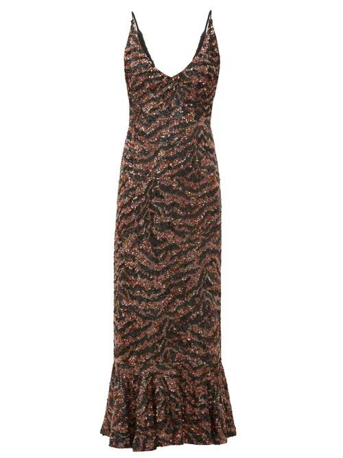Aidan D Tiger Sequinned Fluted-hem Midi Dress - Womens - Bronze