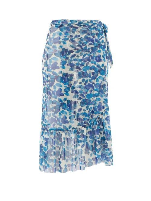 Adriana Degreas - Lotus Leaf-print Georgette Wrap Skirt - Womens - Blue Print