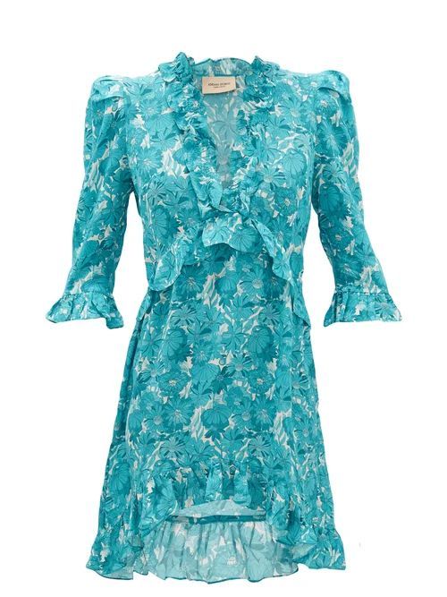 Adriana Degreas - Ruffled Floral-print Silk Mini Dress - Womens - Blue Print