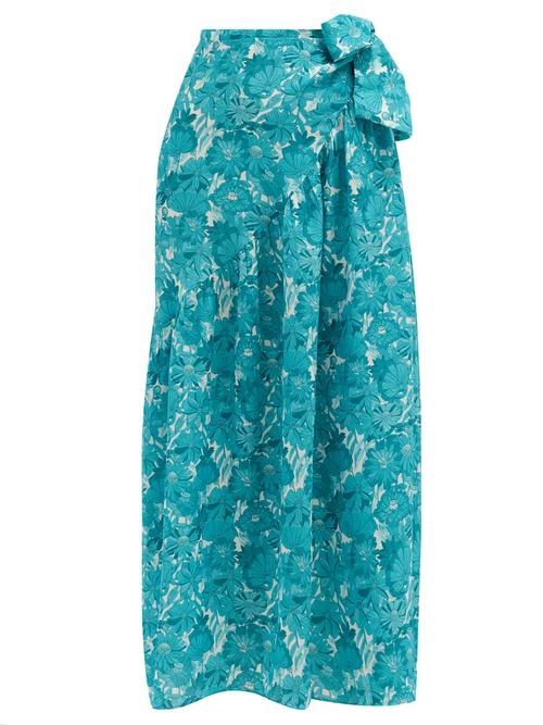 Adriana Degreas - Floral-print Silk-crepe Wrap Skirt - Womens - Blue Print