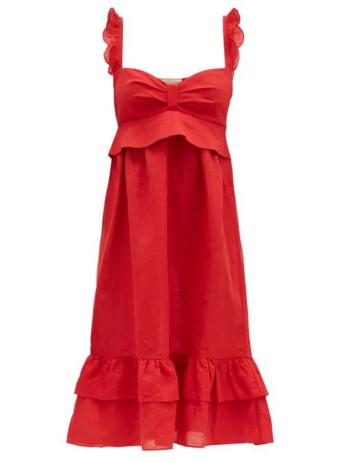 Adriana Degreas - Flounced Linen-blend Midi Dress - Womens - Red