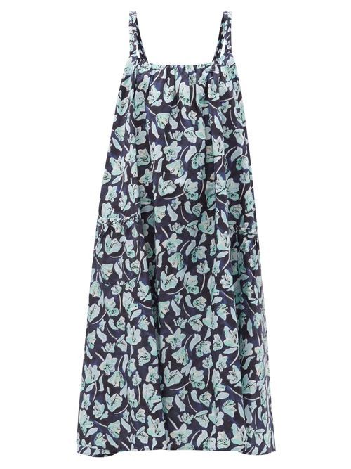 Akumal Floral-print Cotton-poplin Midi Dress - Womens - Blue Multi