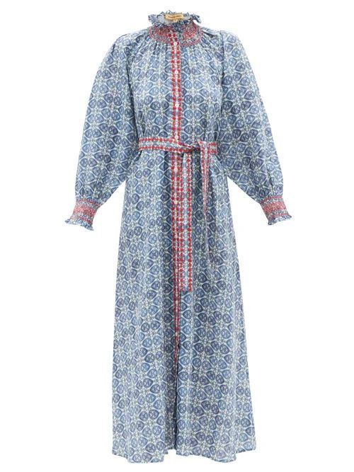 Alice Hand-embroidered Linen Maxi Dress - Womens - Blue Print