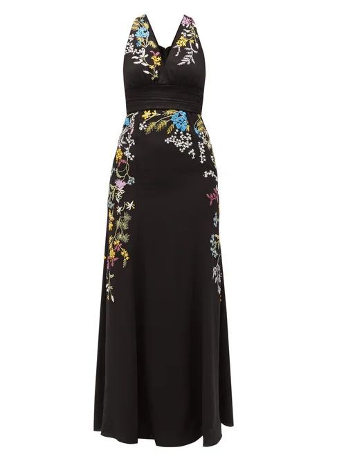 Bristol Floral-embroidered Silk Gown - Womens - Black Multi