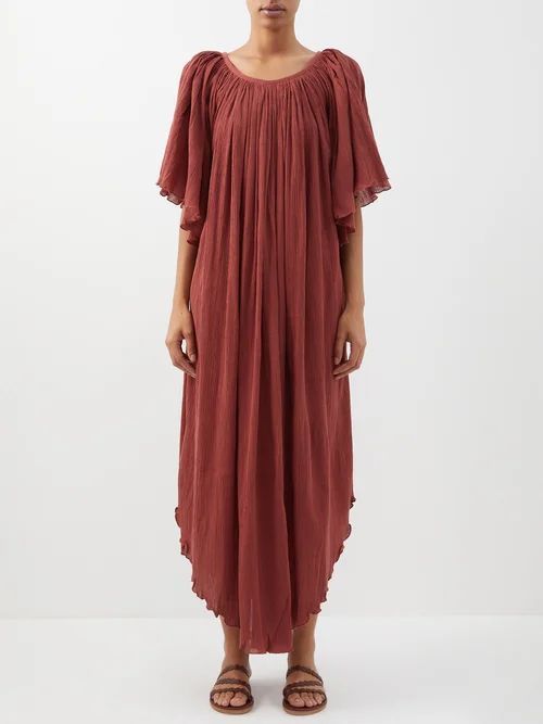 Angel-sleeve Cotton Cheesecloth Dress - Womens - Dark Pink