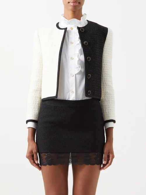 Bi-colour Cropped-sleeve Tweed Jacket - Womens - Black White