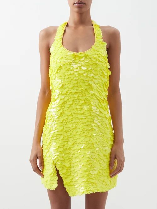 Allium Halterneck Sequinned Mini Dress - Womens - Pale Yellow
