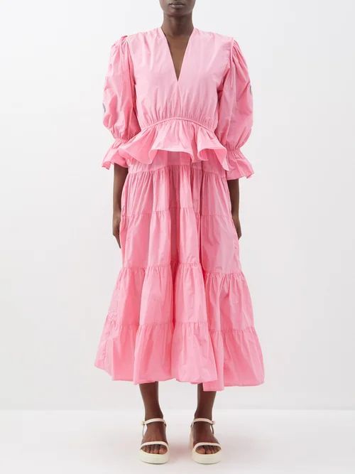 Beatrice V-neck Ruffled Recycled-fibre Midi Dress - Womens - Pink Multi