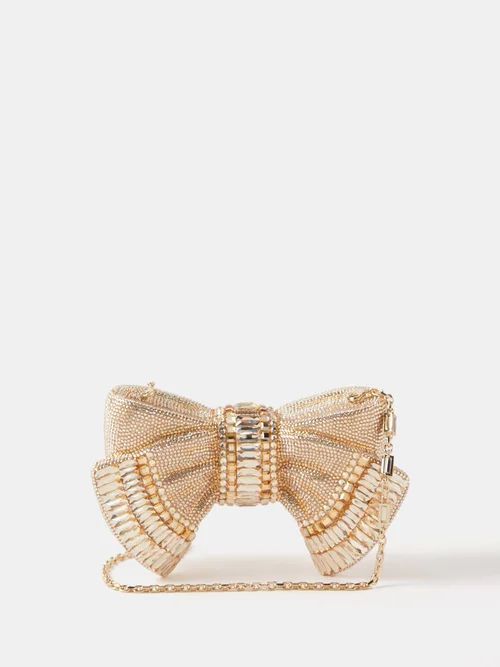 Bow Deco Crystal-embellished Clutch Bag - Womens - Light Gold