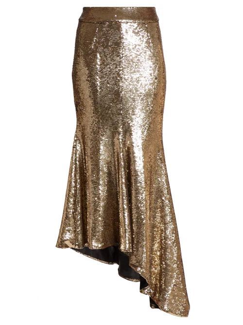 Asymmetric Sequinned Midi Skirt - Womens - Gold