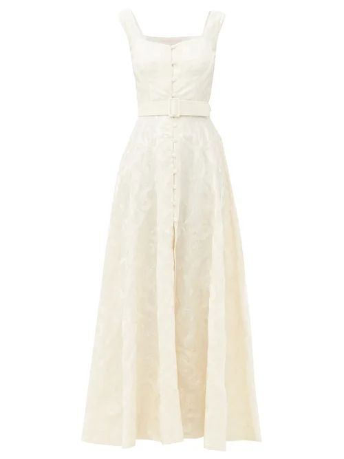 Belted Floral-embroidered Linen Gown - Womens - Cream
