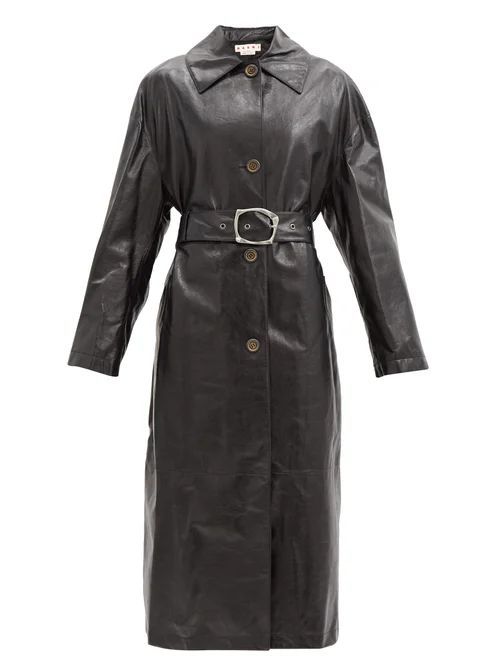 Belted Leather Trench Coat - Womens - Black